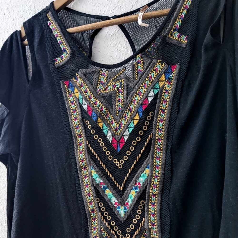 Free People Top Love Spell Cut Out Mesh Keyhole Embroidered Black Knit